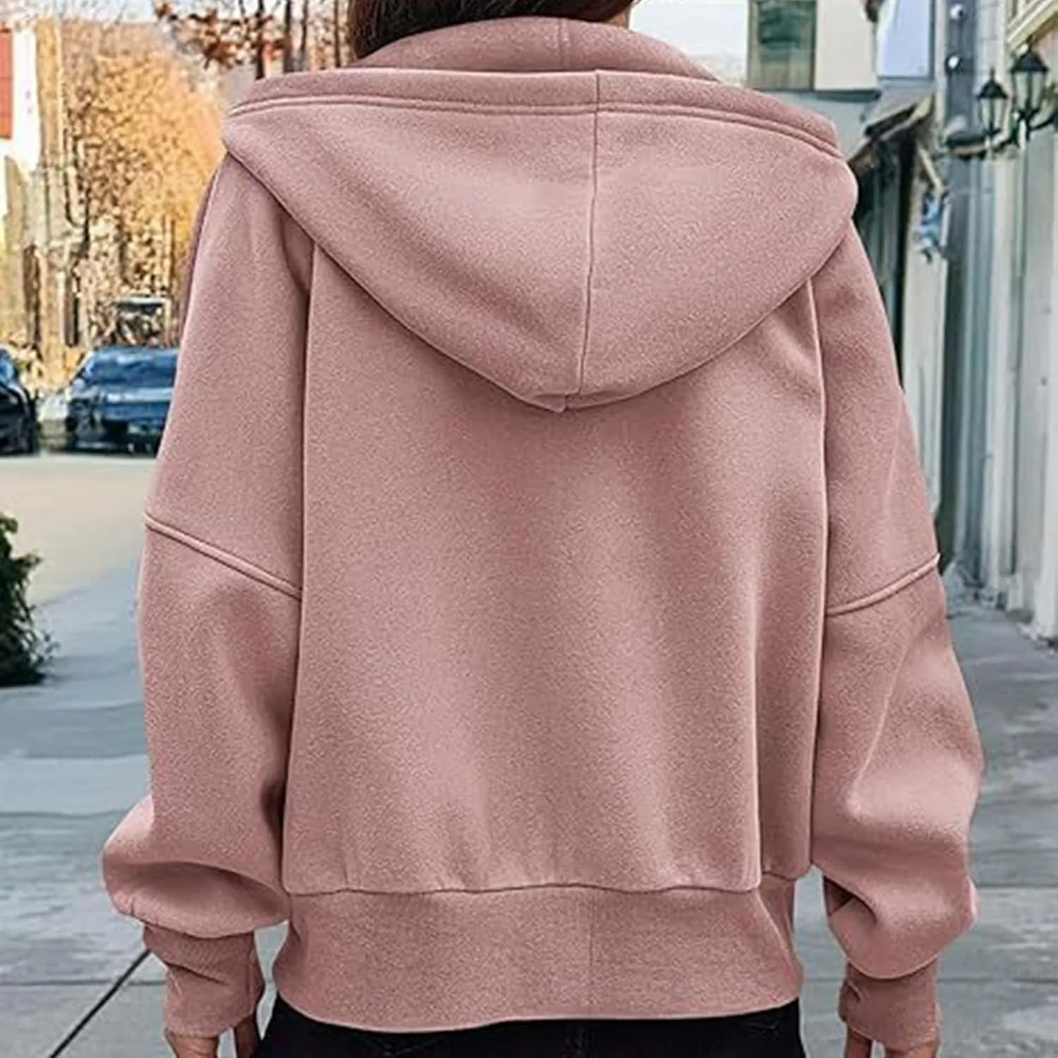 Womens Cropped Hooded Jacket Zipper Pocket Long Sleeve Hoodies Fall Winter Fashion Outdoor Outing Street Style Coat