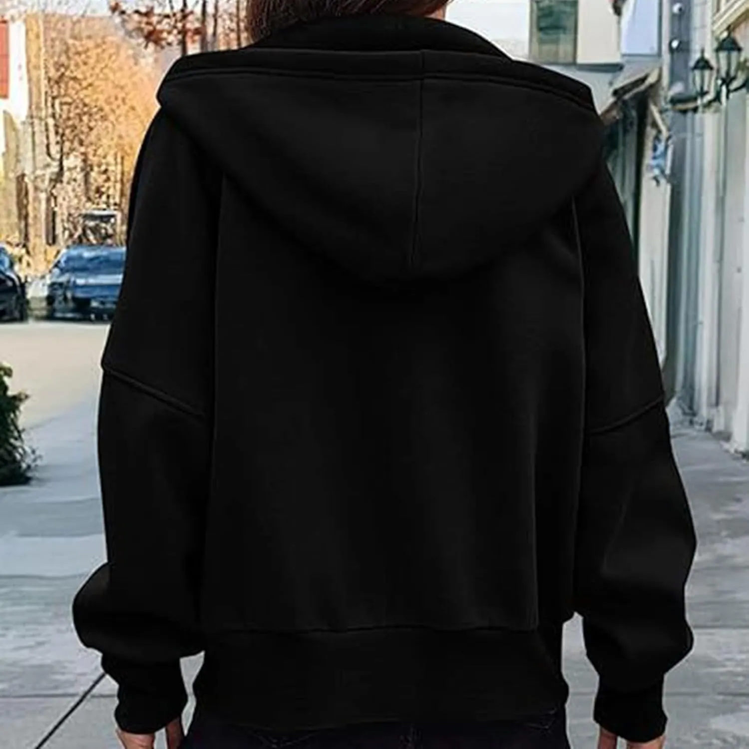 Womens Cropped Hooded Jacket Zipper Pocket Long Sleeve Hoodies Fall Winter Fashion Outdoor Outing Street Style Coat