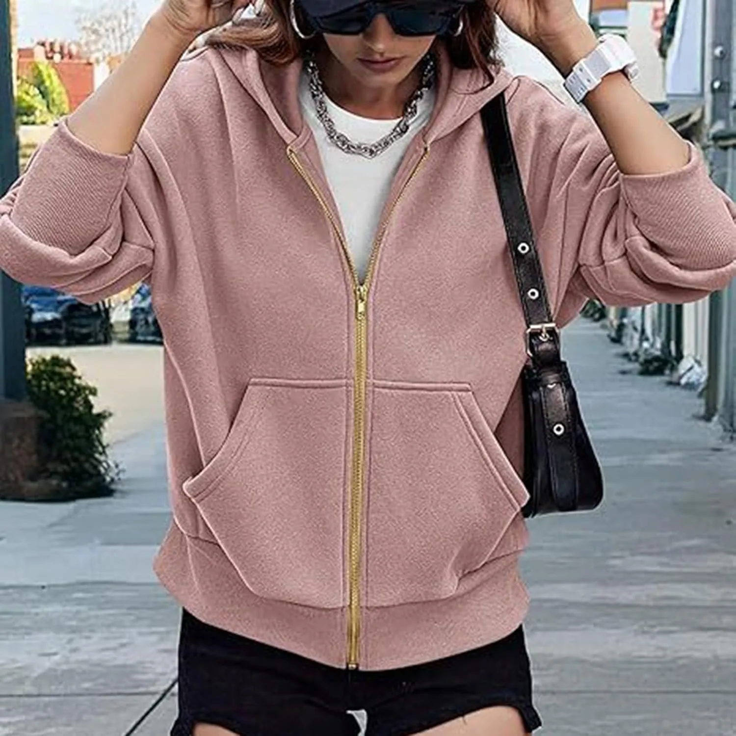 Womens Cropped Hooded Jacket Zipper Pocket Long Sleeve Hoodies Fall Winter Fashion Outdoor Outing Street Style Coat