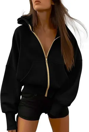 Womens Cropped Hooded Jacket Zipper Pocket Long Sleeve Hoodies Fall Winter Fashion Outdoor Outing Street Style Coat