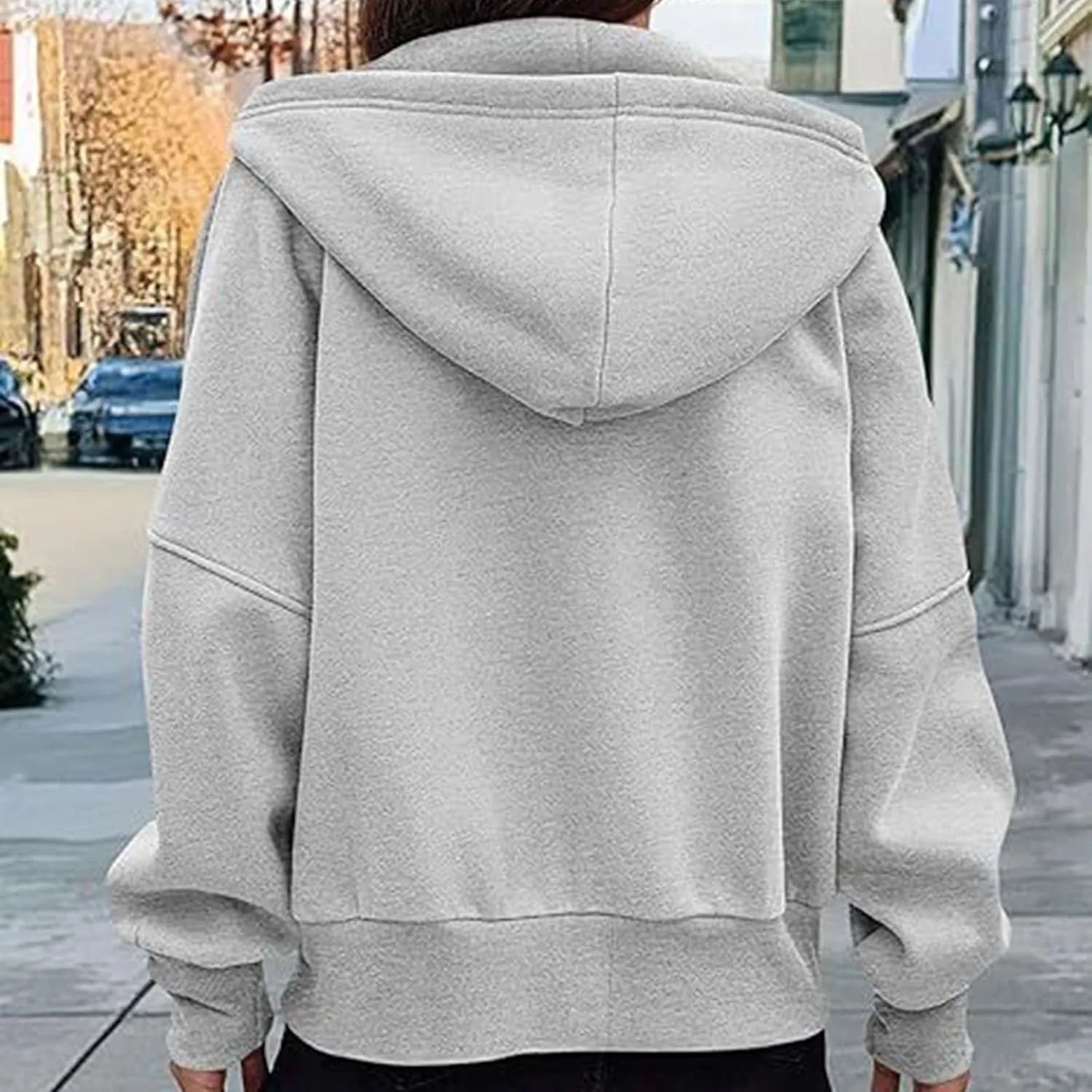 Womens Cropped Hooded Jacket Zipper Pocket Long Sleeve Hoodies Fall Winter Fashion Outdoor Outing Street Style Coat