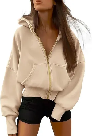 Womens Cropped Hooded Jacket Zipper Pocket Long Sleeve Hoodies Fall Winter Fashion Outdoor Outing Street Style Coat