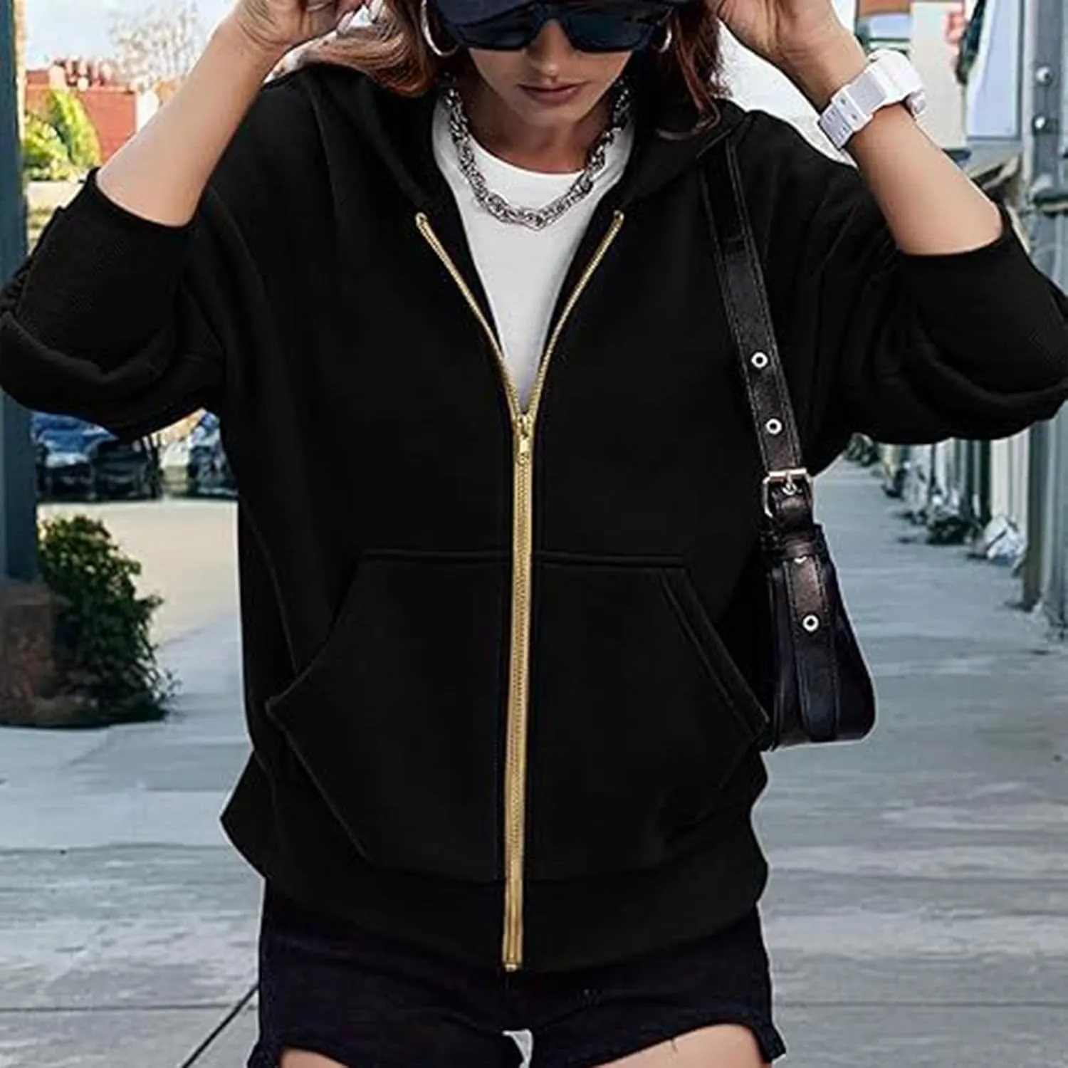 Womens Cropped Hooded Jacket Zipper Pocket Long Sleeve Hoodies Fall Winter Fashion Outdoor Outing Street Style Coat