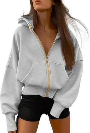 Womens Cropped Hooded Jacket Zipper Pocket Long Sleeve Hoodies Fall Winter Fashion Outdoor Outing Street Style Coat