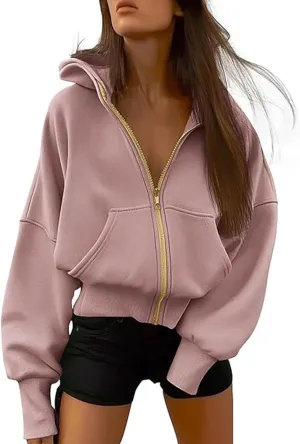 Womens Cropped Hooded Jacket Zipper Pocket Long Sleeve Hoodies Fall Winter Fashion Outdoor Outing Street Style Coat