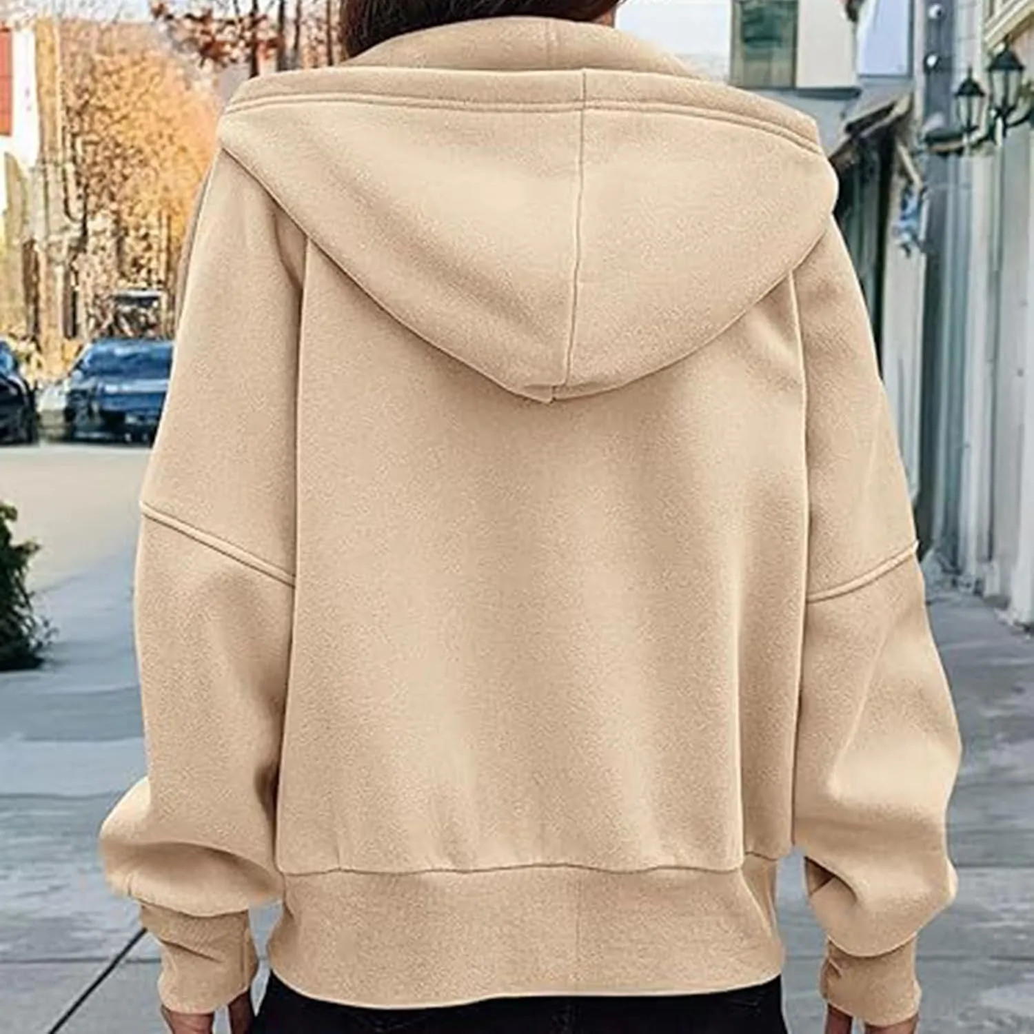 Womens Cropped Hooded Jacket Zipper Pocket Long Sleeve Hoodies Fall Winter Fashion Outdoor Outing Street Style Coat
