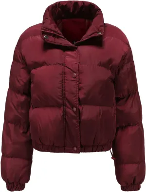 Womens Cropped Puffer Jacket Zip Up Winter Short Quilted Jackets Sherpa Lined Warm Bubble Coat with Faux Fur Hood