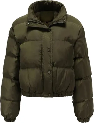 Womens Cropped Puffer Jacket Zip Up Winter Short Quilted Jackets Sherpa Lined Warm Bubble Coat with Faux Fur Hood