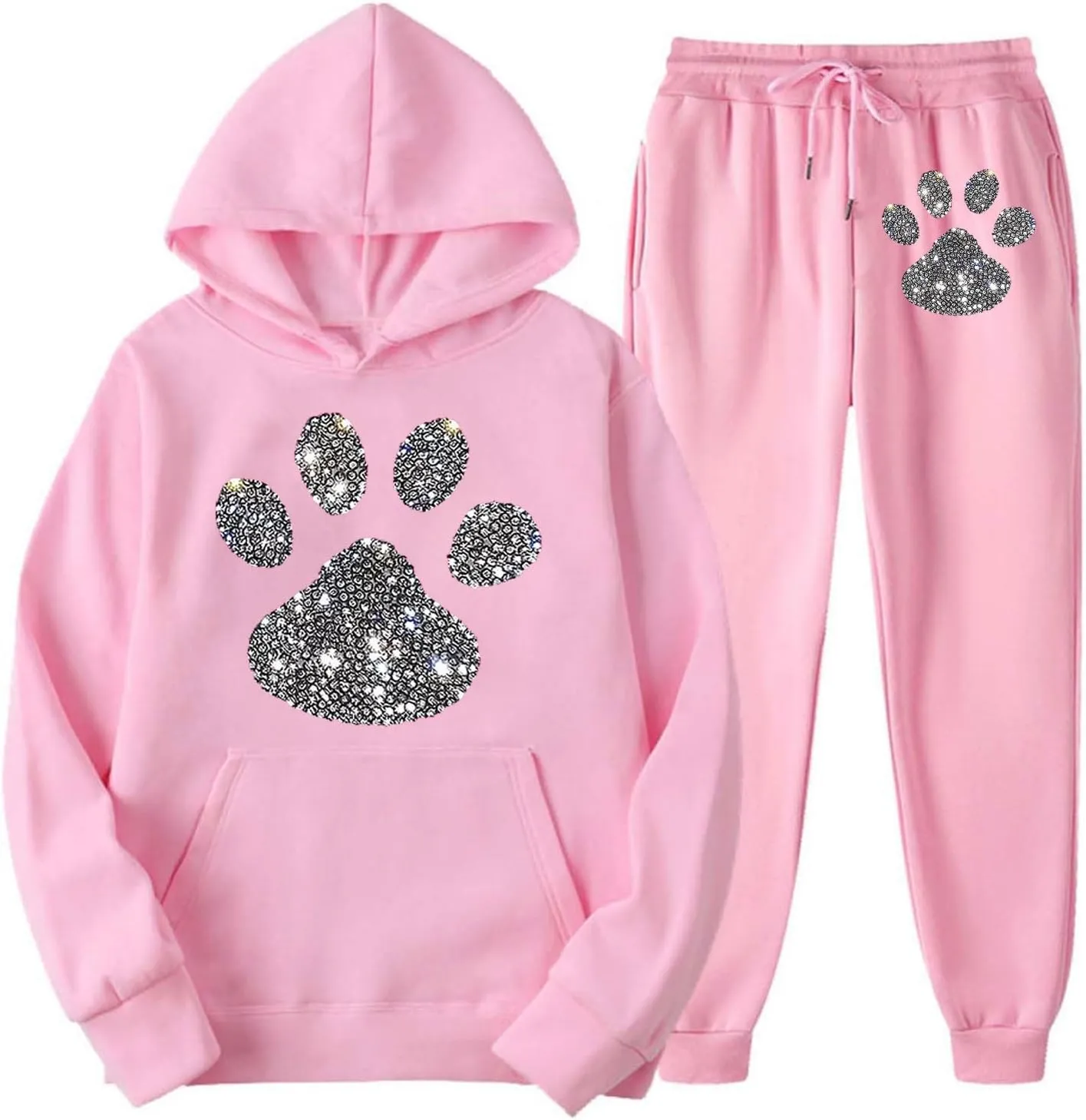 Women's Dog Paw Love Heart Rhinestone Graphic Oversized Sweatsuits Long Sleeve Hoodies Jogger Pants 2 Piece Outfits