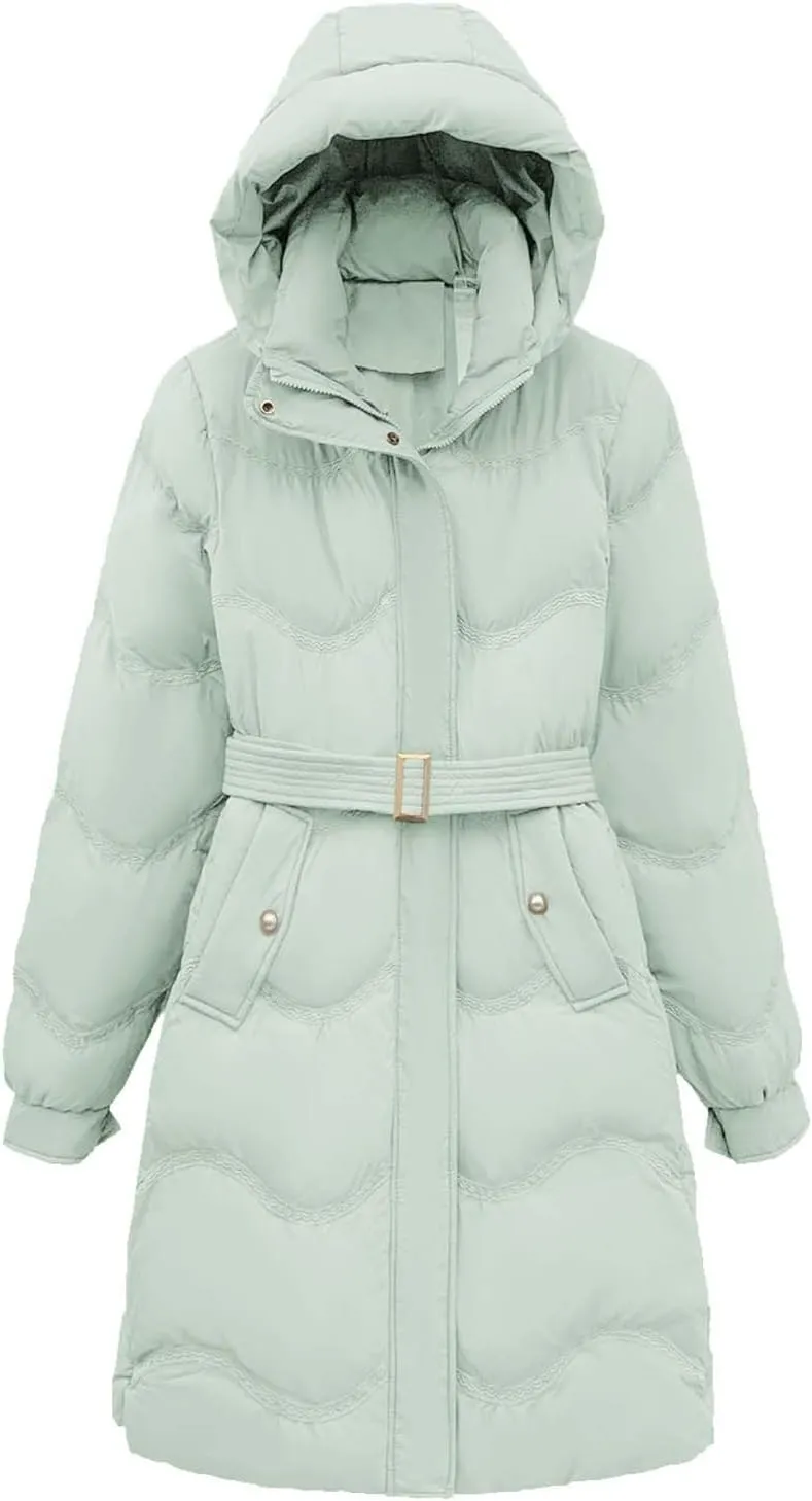 Women's Down Jacket Thickened Knee-Length Quilted Puffer Jackets Padded Warm Winter Coat Hoodies Outerwear Pockets