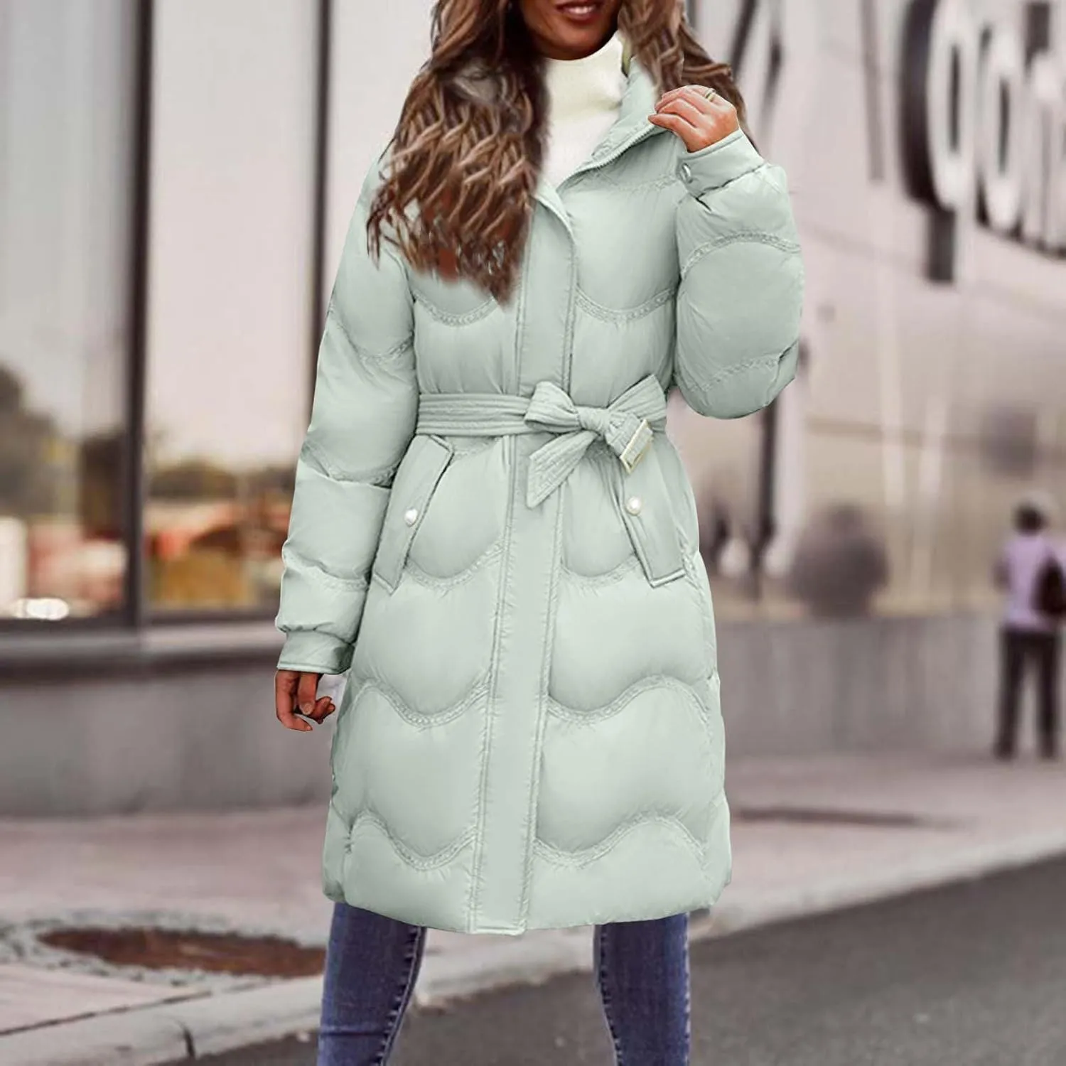 Women's Down Jacket Thickened Knee-Length Quilted Puffer Jackets Padded Warm Winter Coat Hoodies Outerwear Pockets