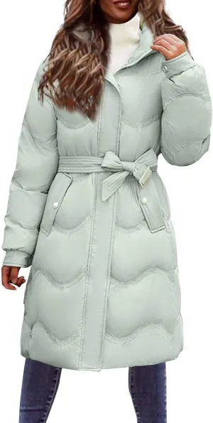 Women's Down Jacket Thickened Knee-Length Quilted Puffer Jackets Padded Warm Winter Coat Hoodies Outerwear Pockets