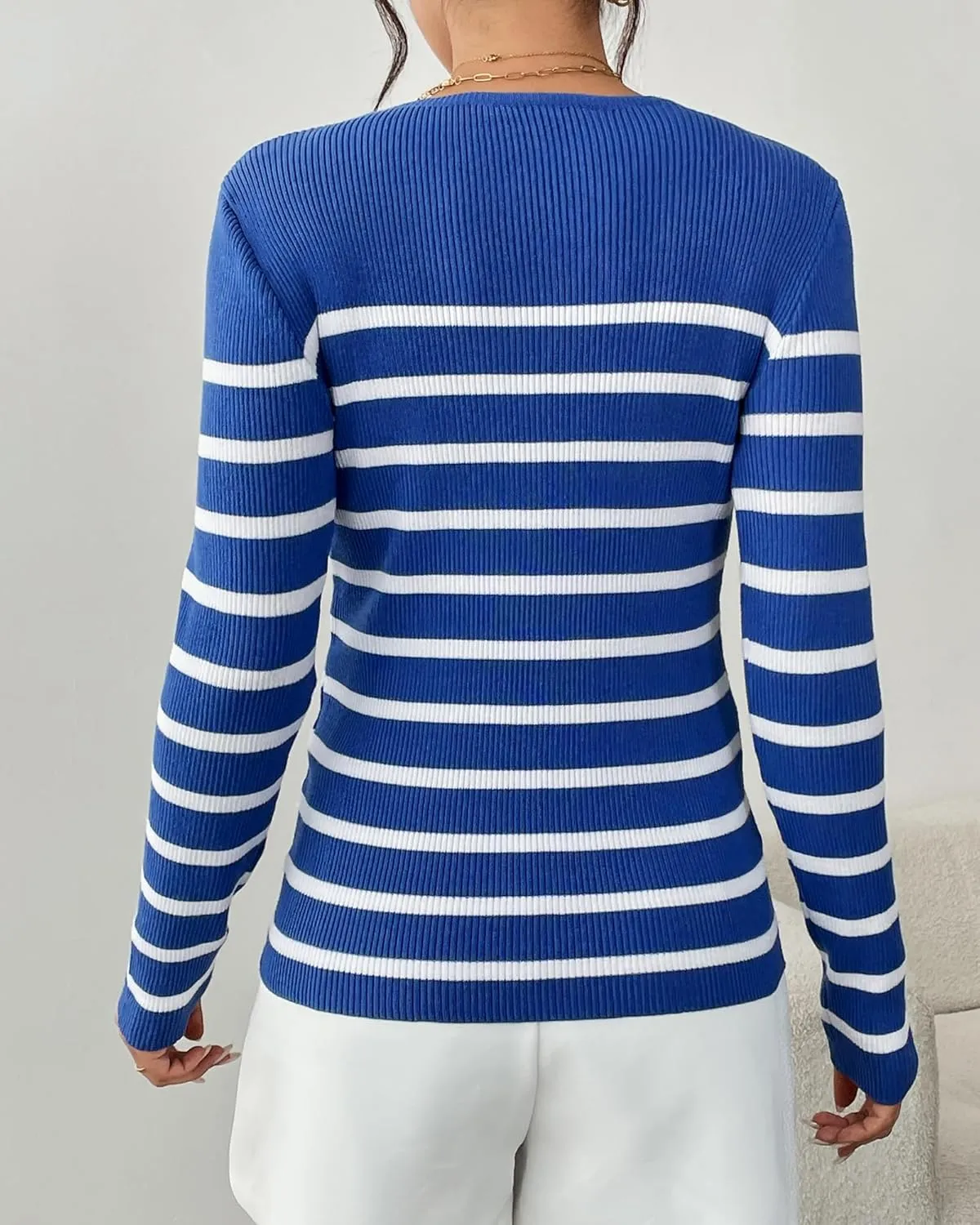 Women's Fall Long Sleeve Striped Pullover Sweaters 2025 Slim Fitted Ribbed Knit Pullover Tops