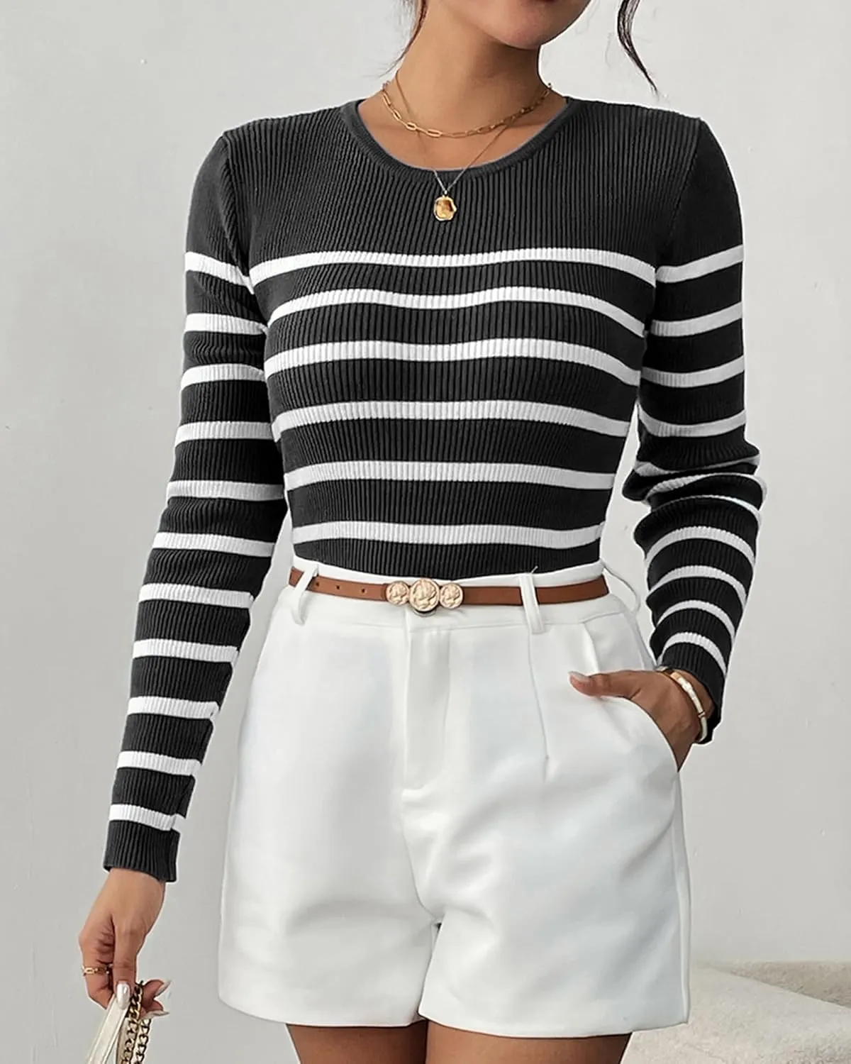 Women's Fall Long Sleeve Striped Pullover Sweaters 2025 Slim Fitted Ribbed Knit Pullover Tops