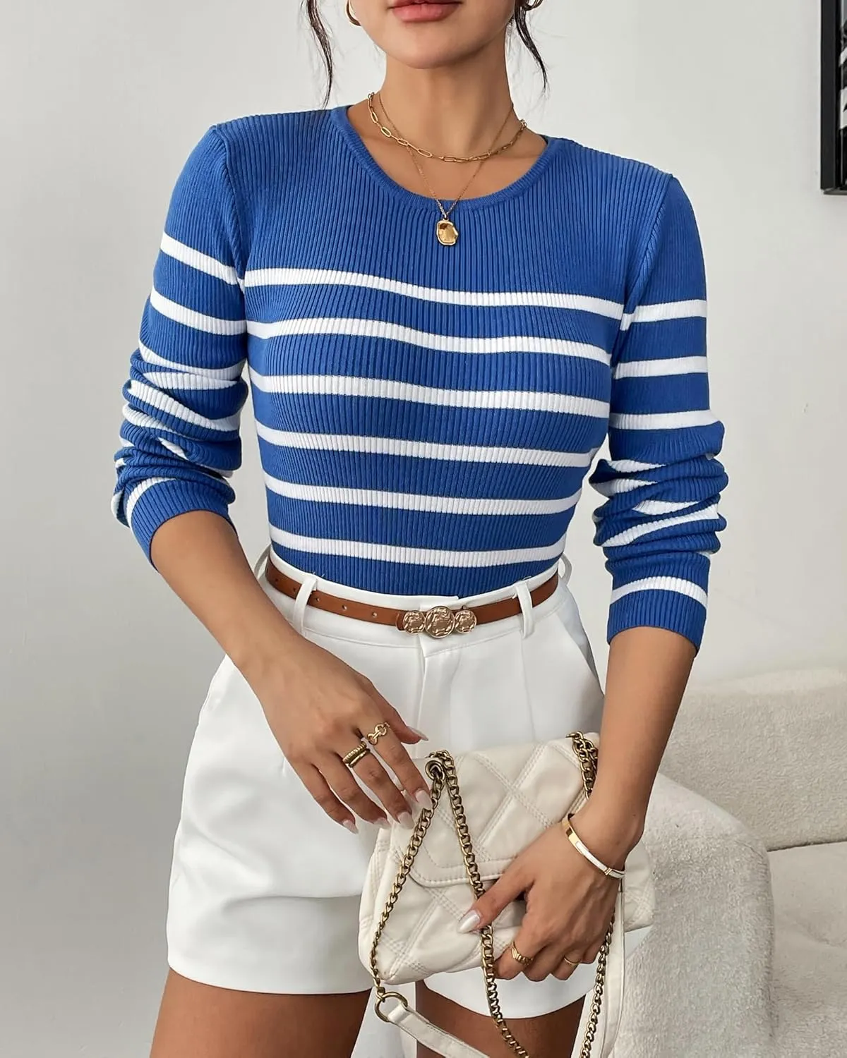 Women's Fall Long Sleeve Striped Pullover Sweaters 2025 Slim Fitted Ribbed Knit Pullover Tops