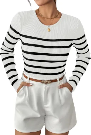 Women's Fall Long Sleeve Striped Pullover Sweaters 2025 Slim Fitted Ribbed Knit Pullover Tops