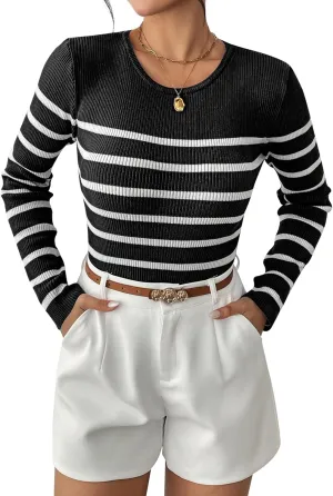 Women's Fall Long Sleeve Striped Pullover Sweaters 2025 Slim Fitted Ribbed Knit Pullover Tops
