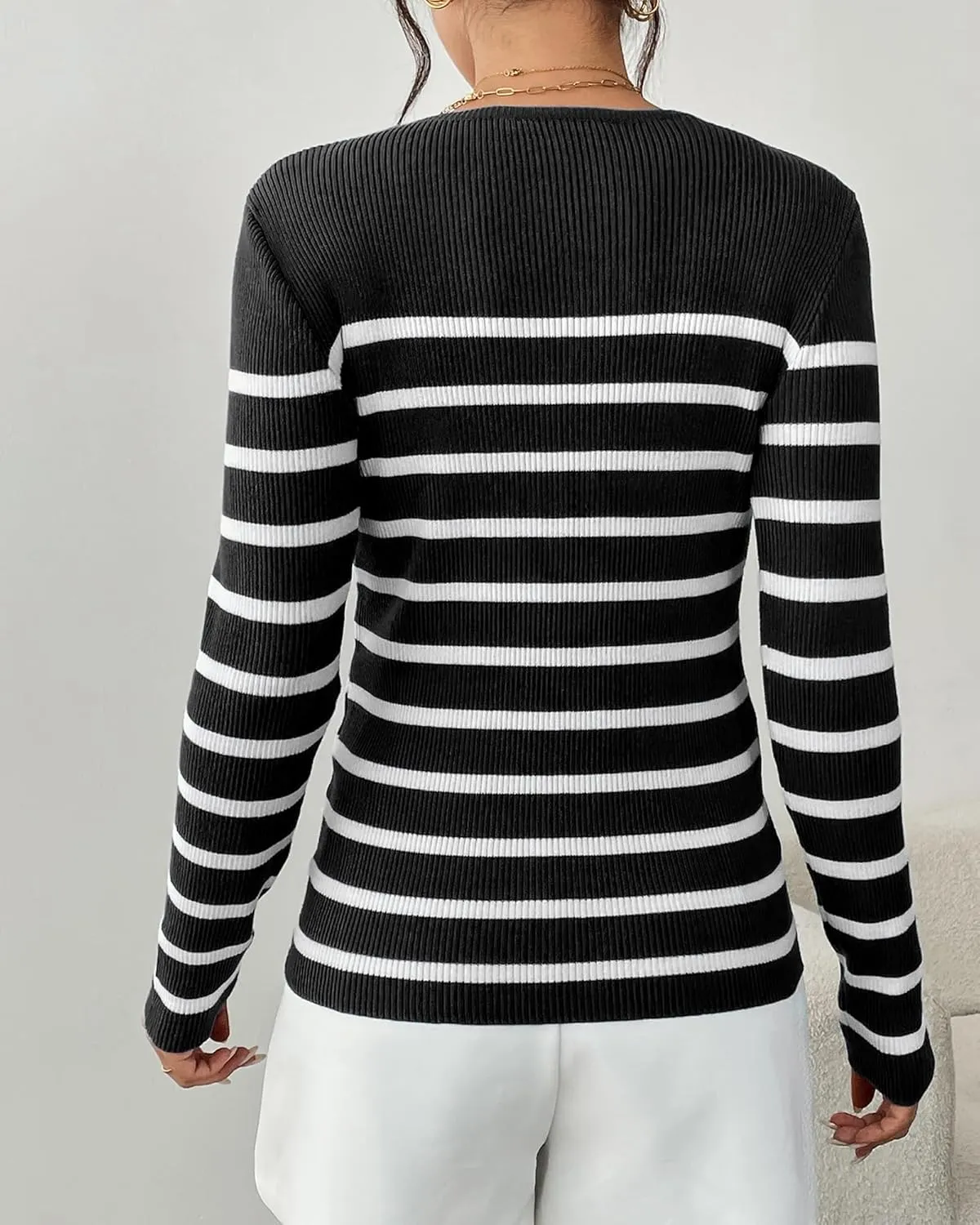 Women's Fall Long Sleeve Striped Pullover Sweaters 2025 Slim Fitted Ribbed Knit Pullover Tops