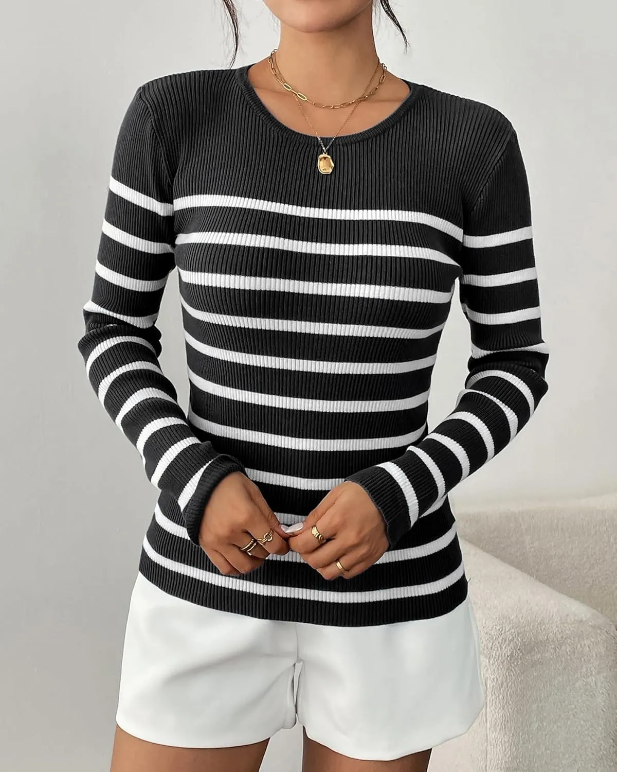 Women's Fall Long Sleeve Striped Pullover Sweaters 2025 Slim Fitted Ribbed Knit Pullover Tops