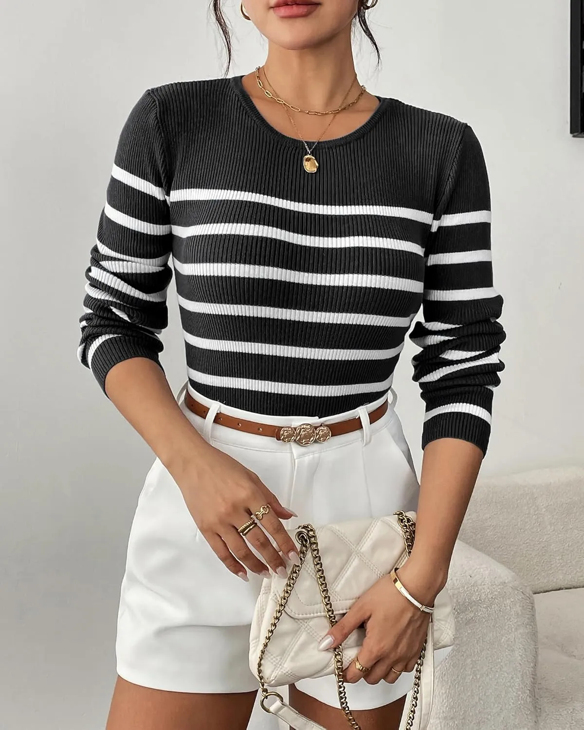 Women's Fall Long Sleeve Striped Pullover Sweaters 2025 Slim Fitted Ribbed Knit Pullover Tops