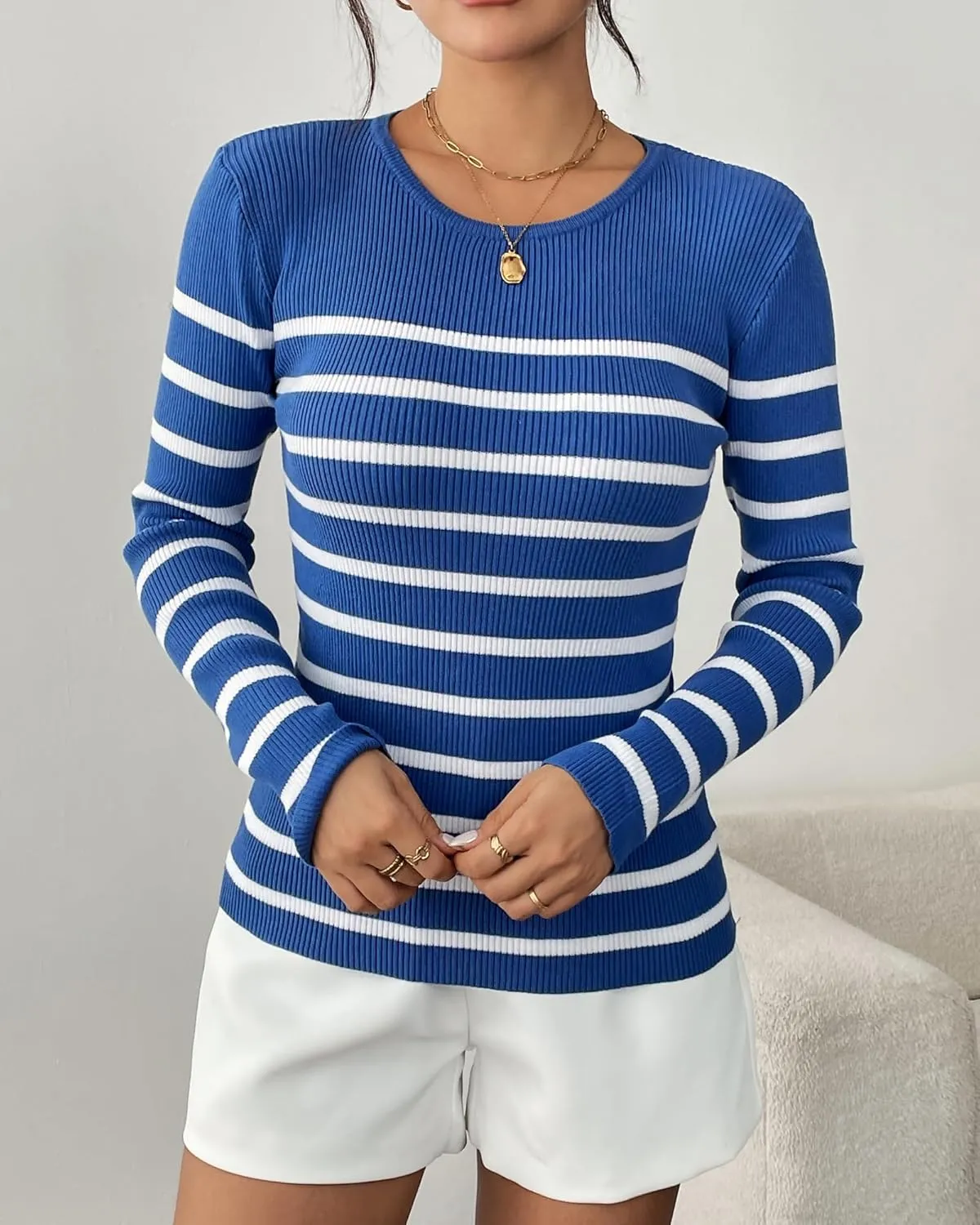 Women's Fall Long Sleeve Striped Pullover Sweaters 2025 Slim Fitted Ribbed Knit Pullover Tops
