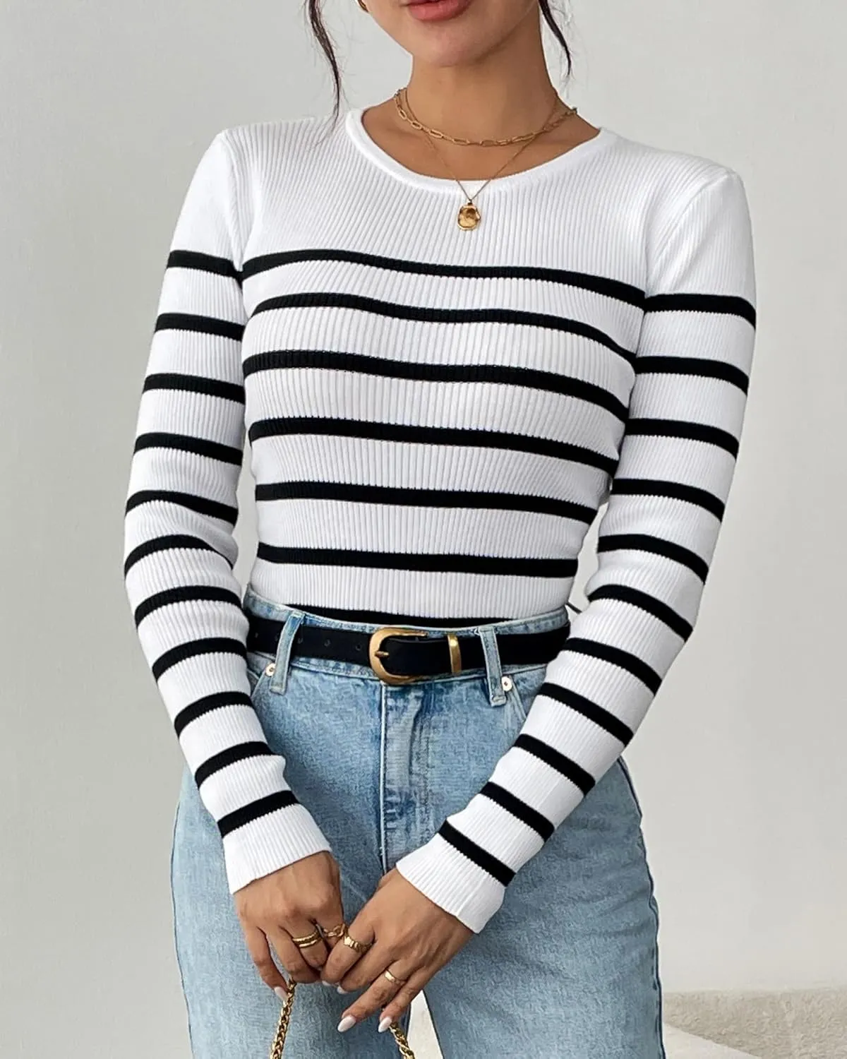Women's Fall Long Sleeve Striped Pullover Sweaters 2025 Slim Fitted Ribbed Knit Pullover Tops
