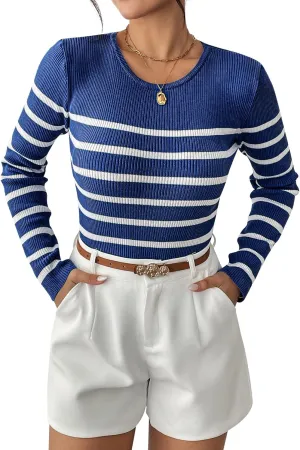 Women's Fall Long Sleeve Striped Pullover Sweaters 2025 Slim Fitted Ribbed Knit Pullover Tops