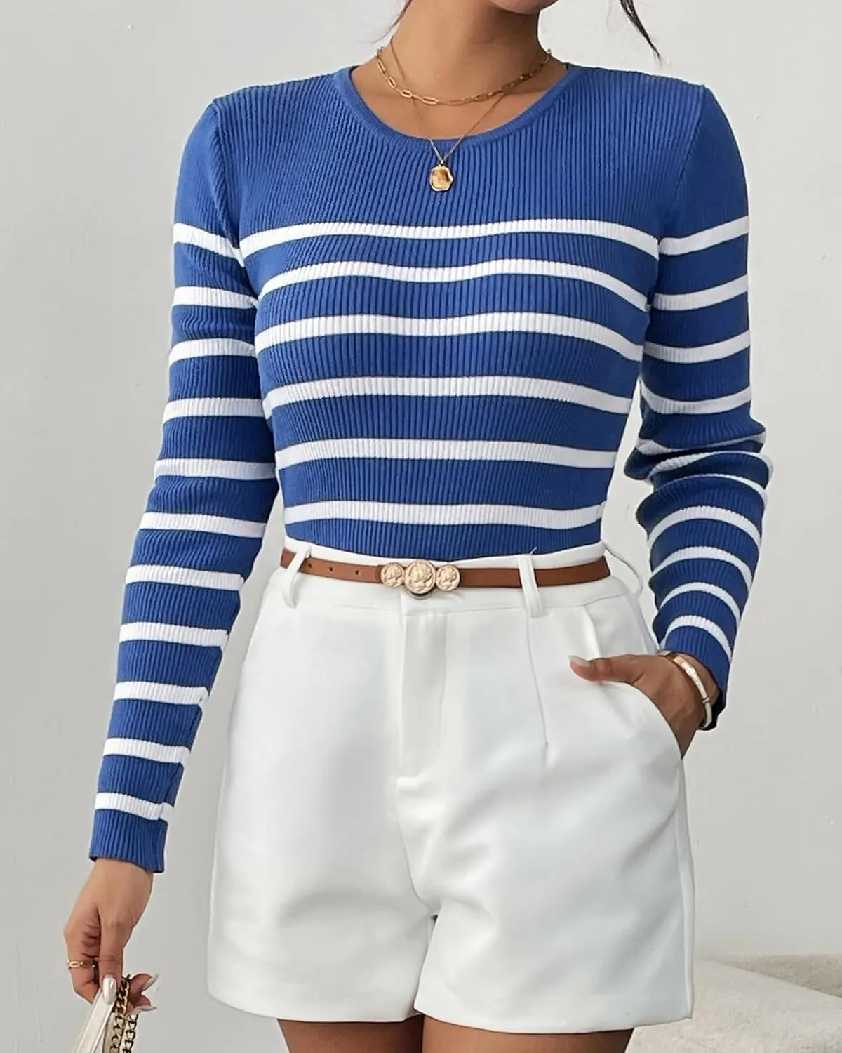 Women's Fall Long Sleeve Striped Pullover Sweaters 2025 Slim Fitted Ribbed Knit Pullover Tops
