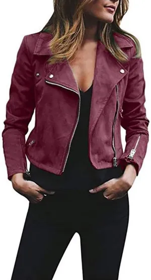 Women's Fashion Fall Leather Jacket Long Sleeve Zip Up Lapel Belted Motorcycle Jacket Vintage Solid Fitted Coat Outwear