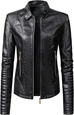Women's Faux Leather Jackets Zip Up Motorcycle Biker Coat Short Outwear Fitted Slim Jacket Coats with Zipper Pockets