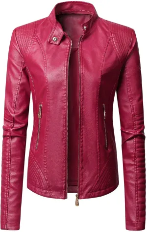 Women's Faux Leather Jackets Zip Up Motorcycle Biker Coat Short Outwear Fitted Slim Jacket Coats with Zipper Pockets