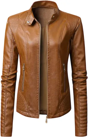 Women's Faux Leather Jackets Zip Up Motorcycle Biker Coat Short Outwear Fitted Slim Jacket Coats with Zipper Pockets