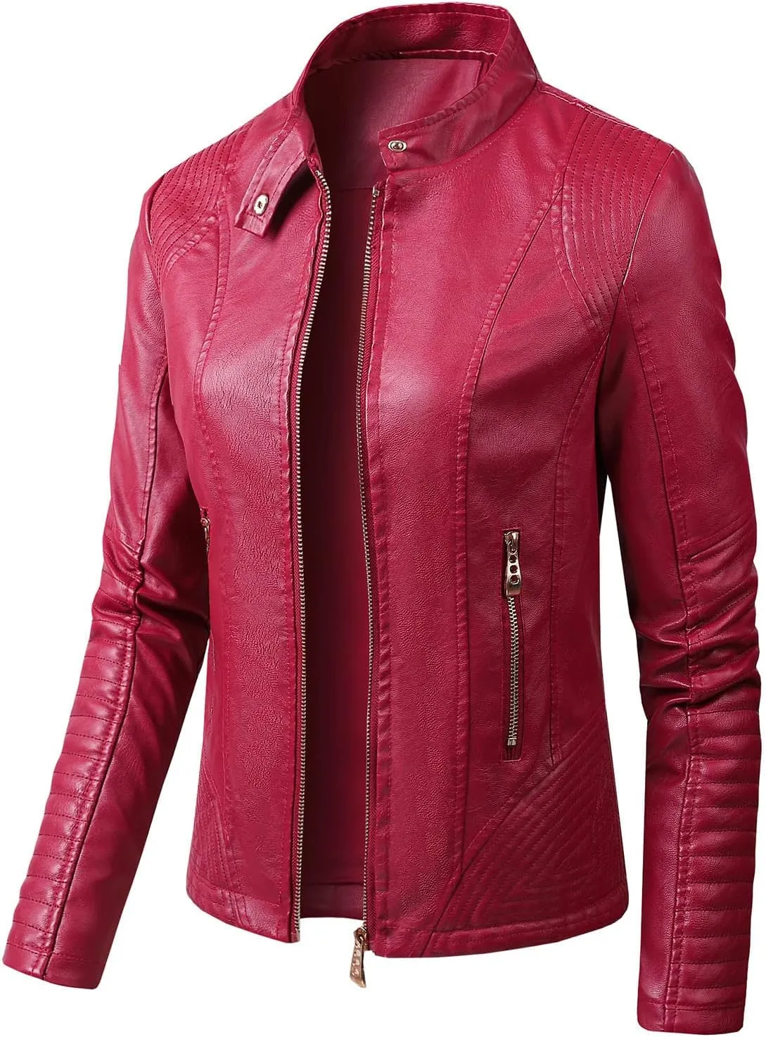Women's Faux Leather Jackets Zip Up Motorcycle Biker Coat Short Outwear Fitted Slim Jacket Coats with Zipper Pockets