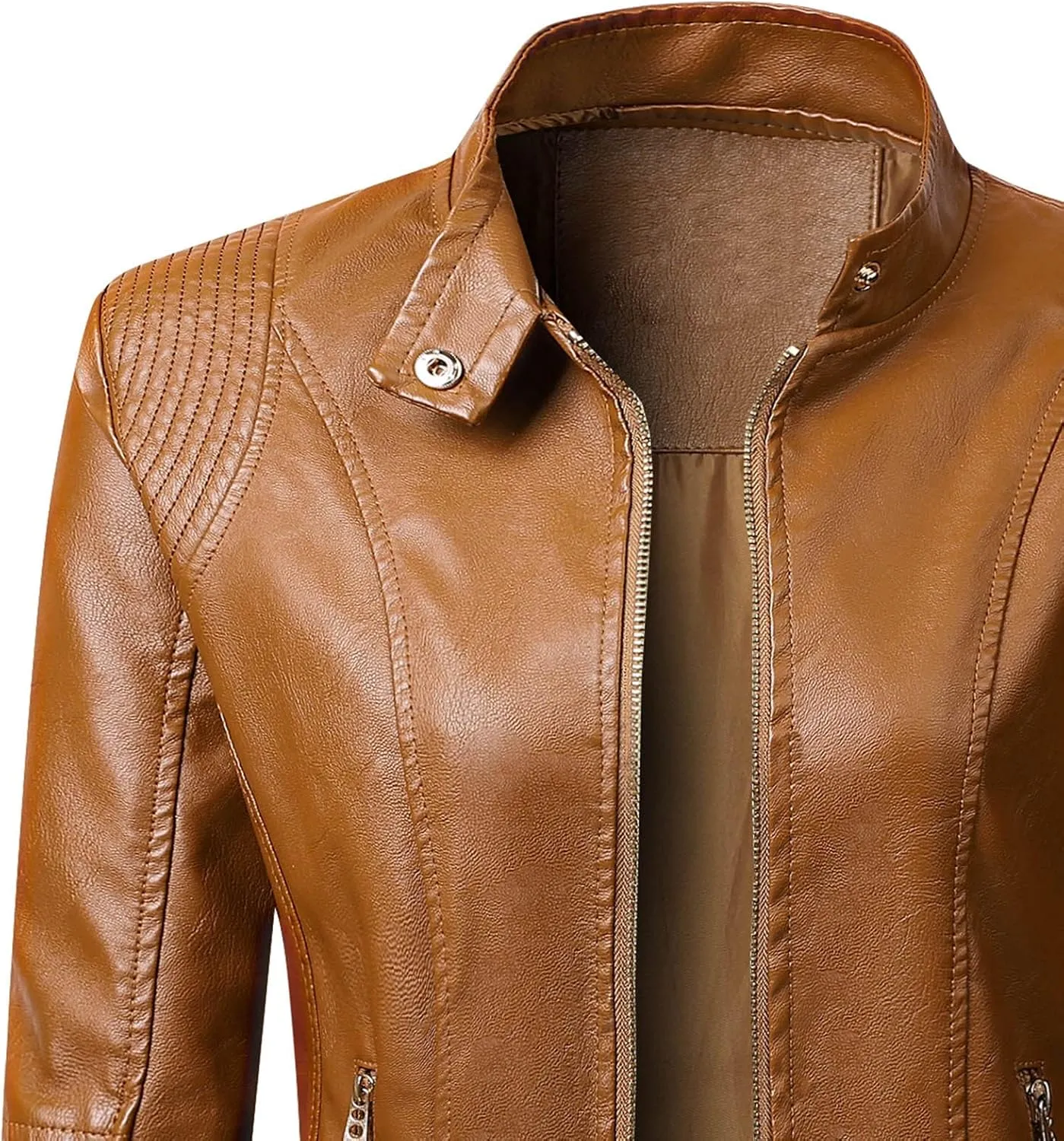 Women's Faux Leather Jackets Zip Up Motorcycle Biker Coat Short Outwear Fitted Slim Jacket Coats with Zipper Pockets