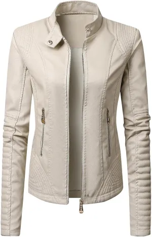 Women's Faux Leather Jackets Zip Up Motorcycle Biker Coat Short Outwear Fitted Slim Jacket Coats with Zipper Pockets