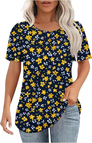 Women's Floral Graphic Short Sleeve Crewneck Tee Loose Fit for Summer Trendy Clothes