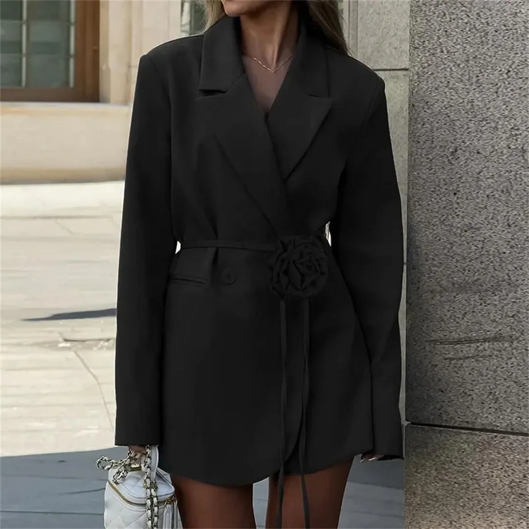 Women's Flower Belt Blazers Office Loose with Pockets Long Sleeve Coat Solid Color Casual Blazers