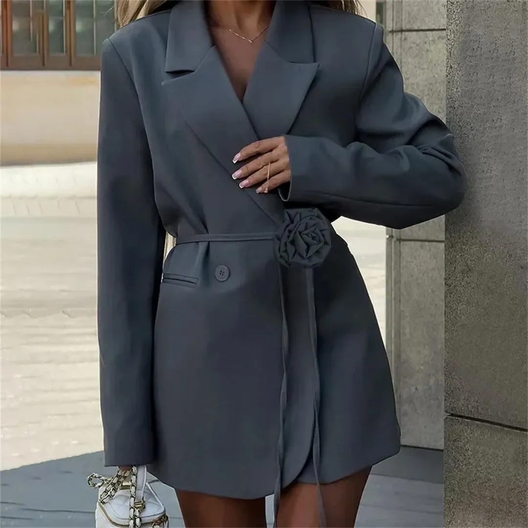 Women's Flower Belt Blazers Office Loose with Pockets Long Sleeve Coat Solid Color Casual Blazers