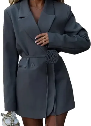 Women's Flower Belt Blazers Office Loose with Pockets Long Sleeve Coat Solid Color Casual Blazers