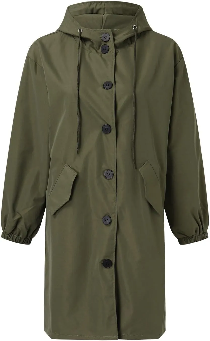 Womens Hooded Trench Coat Winter Lightweight Waterproof Rain Jacket Outdoor Button Down Oversized Windbreaker Outwear