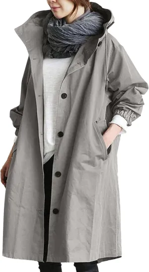 Womens Hooded Trench Coat Winter Lightweight Waterproof Rain Jacket Outdoor Button Down Oversized Windbreaker Outwear