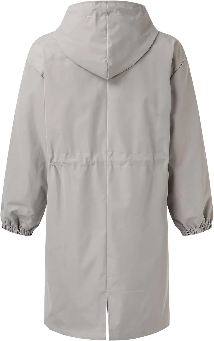 Womens Hooded Trench Coat Winter Lightweight Waterproof Rain Jacket Outdoor Button Down Oversized Windbreaker Outwear