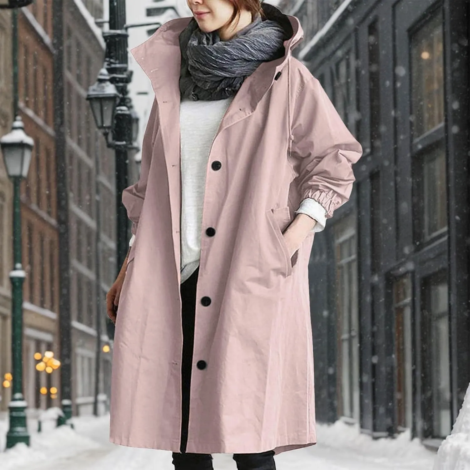 Womens Hooded Trench Coat Winter Lightweight Waterproof Rain Jacket Outdoor Button Down Oversized Windbreaker Outwear