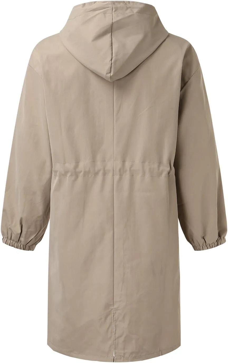 Womens Hooded Trench Coat Winter Lightweight Waterproof Rain Jacket Outdoor Button Down Oversized Windbreaker Outwear