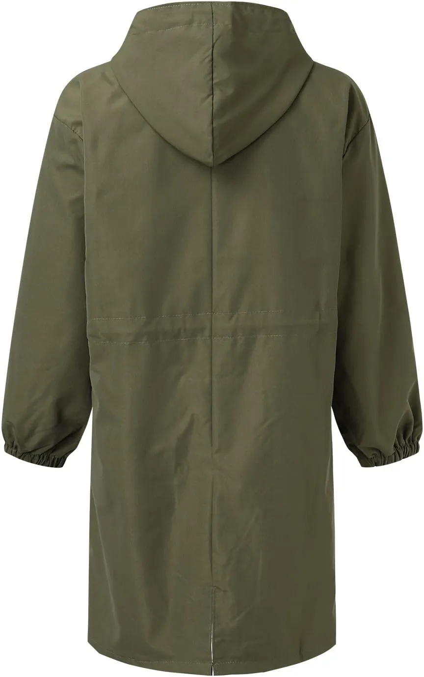Womens Hooded Trench Coat Winter Lightweight Waterproof Rain Jacket Outdoor Button Down Oversized Windbreaker Outwear