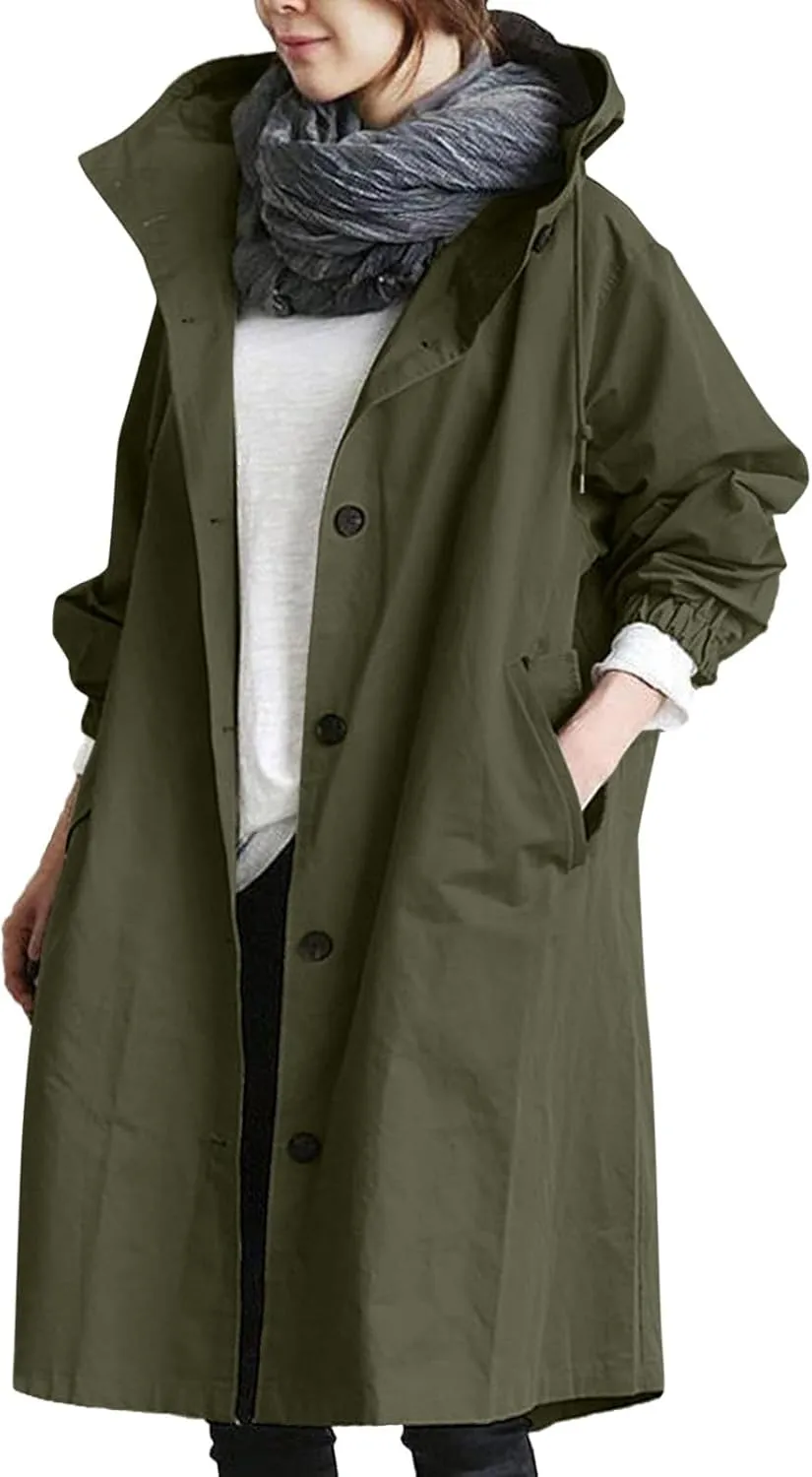 Womens Hooded Trench Coat Winter Lightweight Waterproof Rain Jacket Outdoor Button Down Oversized Windbreaker Outwear
