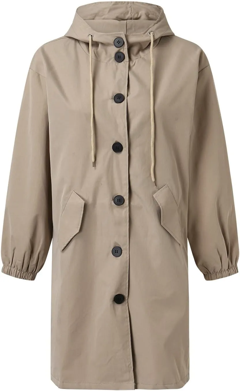Womens Hooded Trench Coat Winter Lightweight Waterproof Rain Jacket Outdoor Button Down Oversized Windbreaker Outwear