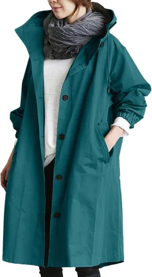 Womens Hooded Trench Coat Winter Lightweight Waterproof Rain Jacket Outdoor Button Down Oversized Windbreaker Outwear