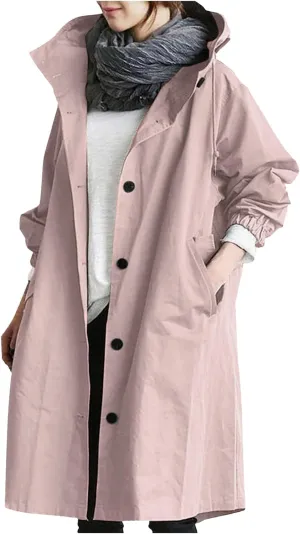 Womens Hooded Trench Coat Winter Lightweight Waterproof Rain Jacket Outdoor Button Down Oversized Windbreaker Outwear