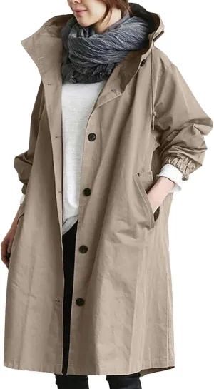 Womens Hooded Trench Coat Winter Lightweight Waterproof Rain Jacket Outdoor Button Down Oversized Windbreaker Outwear